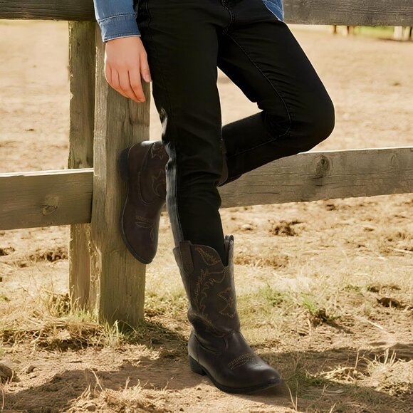 Kids Brown Cowgirl Boots Girls Cowboy Western Mid Calf Pull-On Riding Boots - Picture 3 of 7